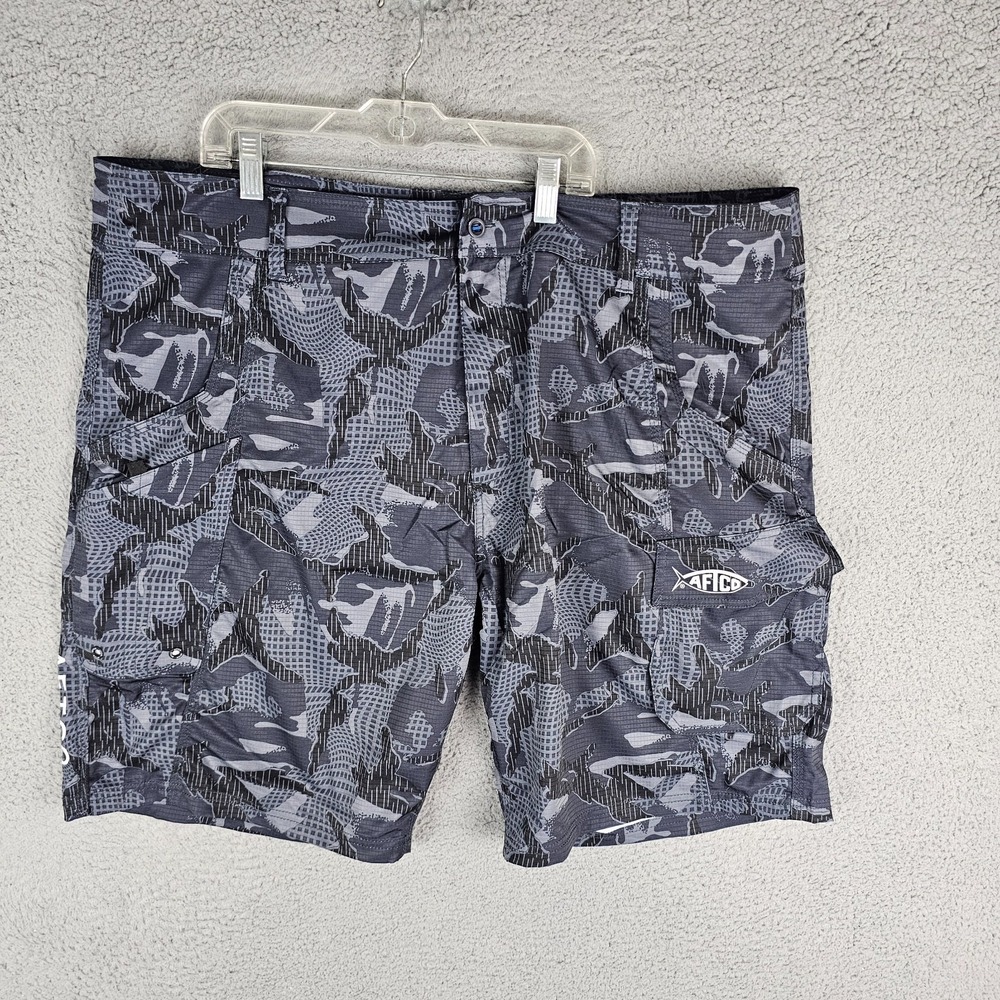 AFTCO Hybrid Fishing Shorts Mens 42 Gray Ripstop Cargo Camouflage 10"‎ Inseam